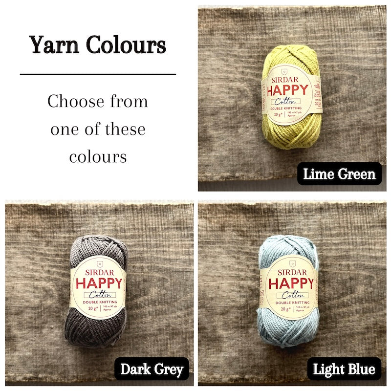 Colour options for your DIY crochet kit include lime green, dark grey, and light blue.