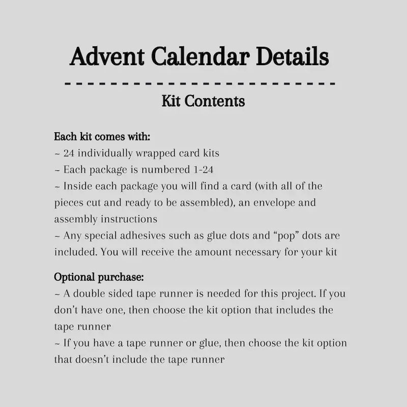 A detailed list of what is included in your Advent Calendar.