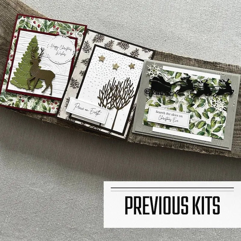 There are 3 finished cards, sitting on a wooden board, to show what cards have been sent in previous kits.