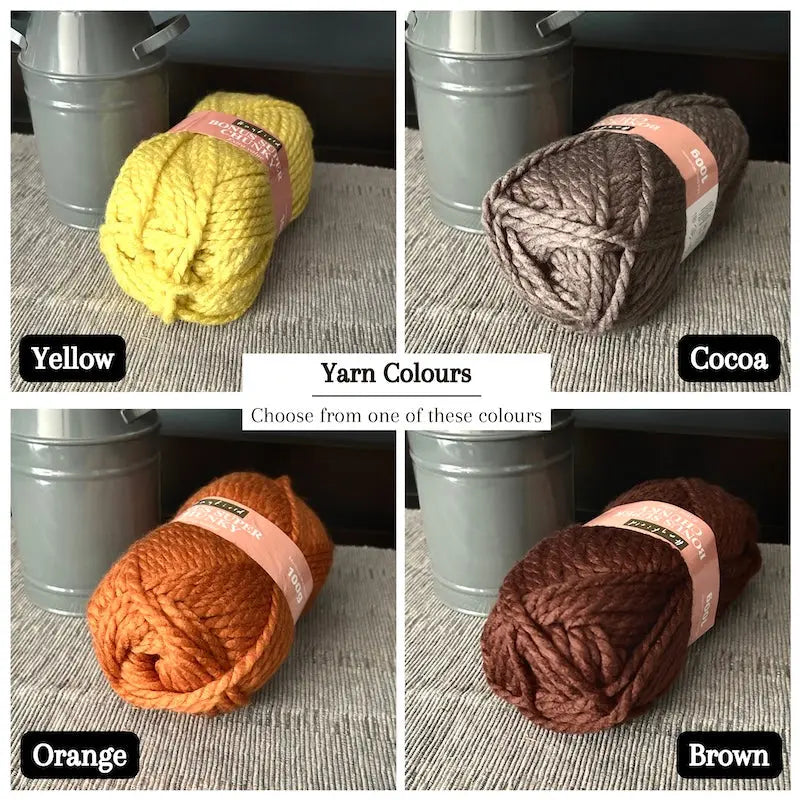 Colour options for your DIY crochet kit include yellow, cocoa, orange and brown.