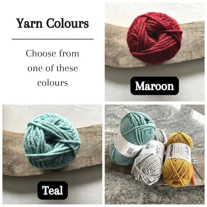 Colour options for your DIY crochet kit include maroon and teal.