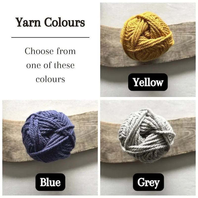 Colour options for your DIY crochet kit include yellow, blue and grey.