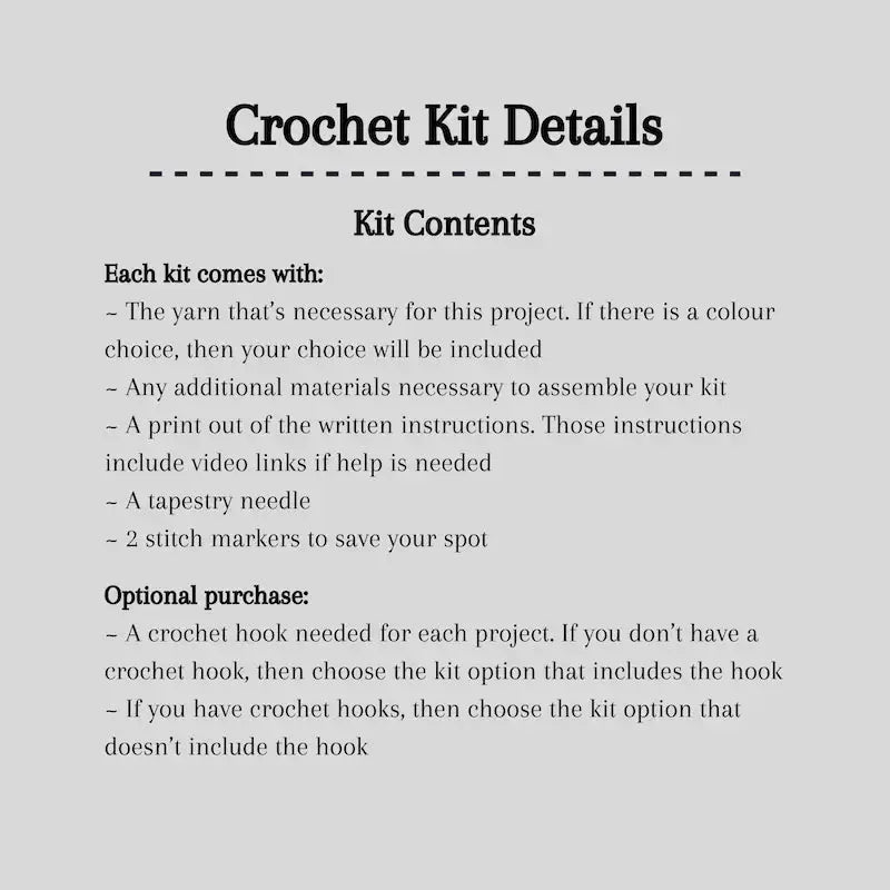 A detailed list of what is included in your crochet kit.