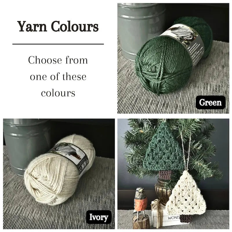 Colour options for your DIY crochet kit include green and ivory.