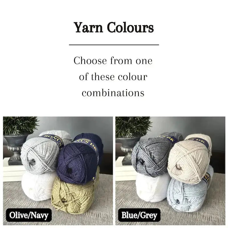 Colour options for your DIY crochet kit include olive/navy and blue/grey.