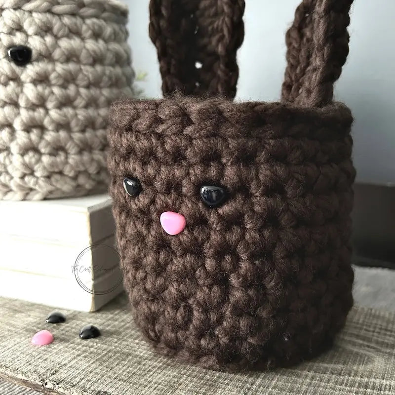 A close up of the finished brown bunny made from this crochet kit.