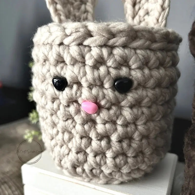 A close up of the finished beige bunny made from this crochet kit.