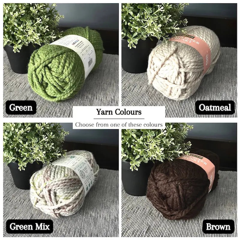 Colour options for your DIY crochet kit include green, oatmeal, green mix and brown.