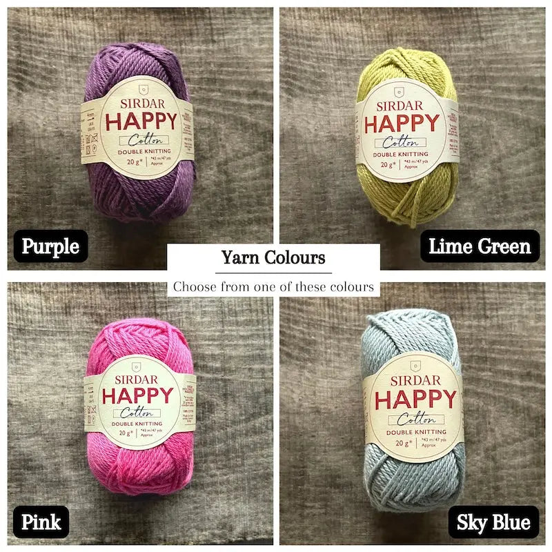Colour options for your DIY crochet kit include purple, lime green, pink and sky blue.