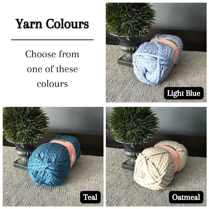 Colour options for your DIY crochet kit include teal, light blue, and oatmeal.