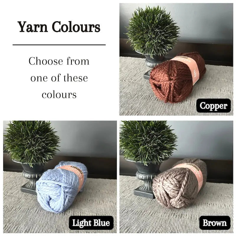 Colour options for your DIY crochet kit include copper, light blue and brown.
