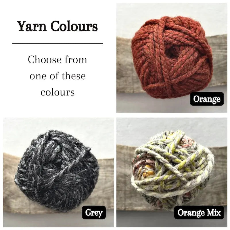 Colour options for your DIY crochet kit include orange, grey, and an orange mix.