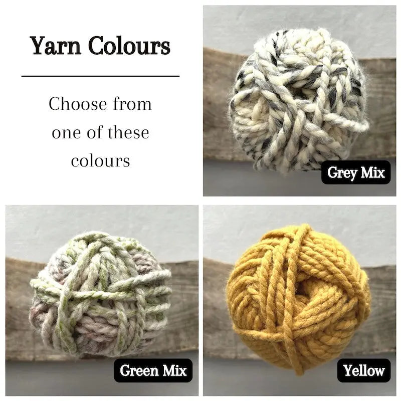 Colour options for your DIY crochet kit include a green mix, a grey mix and yellow.