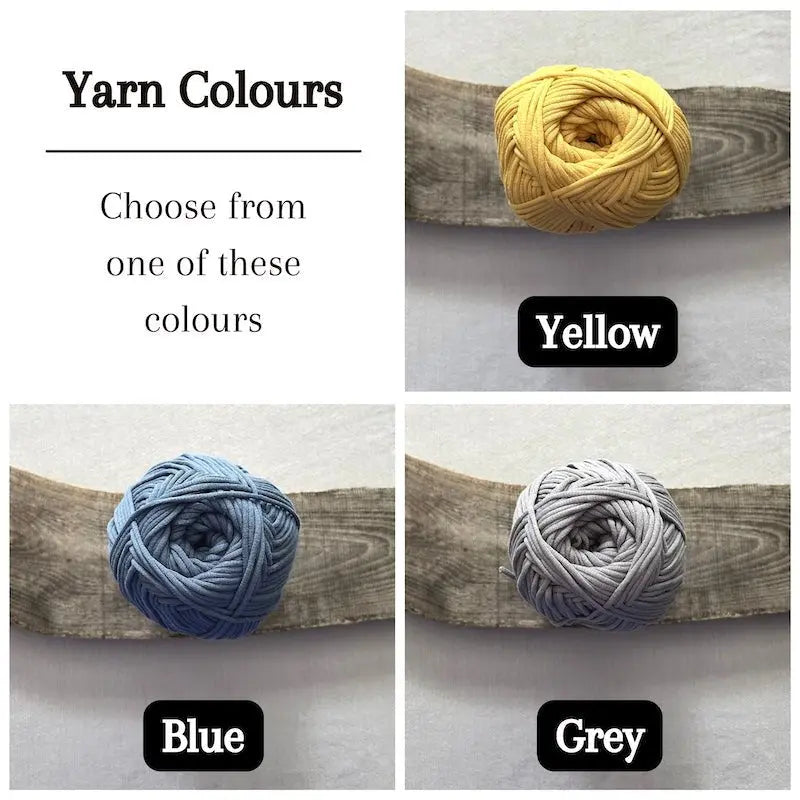 Colour options for your DIY crochet kit include yellow, blue and grey.