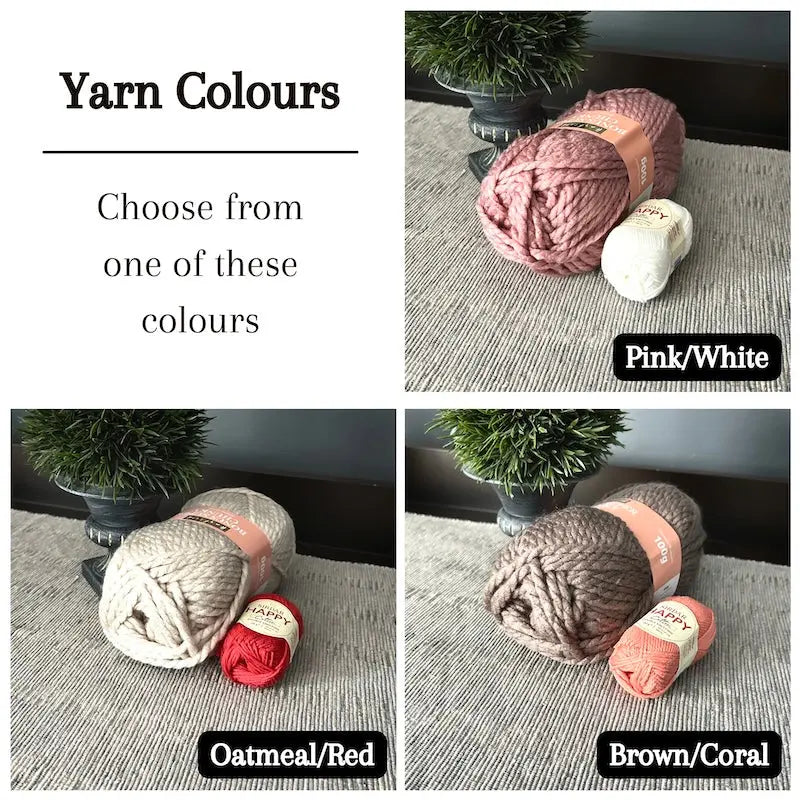 Colour options for your DIY crochet kit include oatmeal/red, brown/coral, and pink/white.
