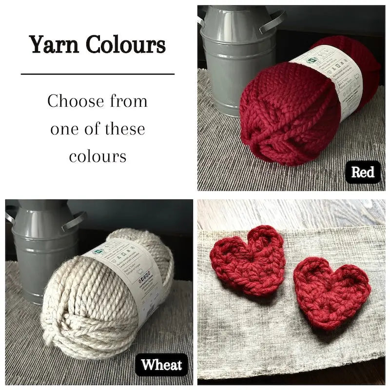 Colour options for your DIY crochet kit include red and ivory.