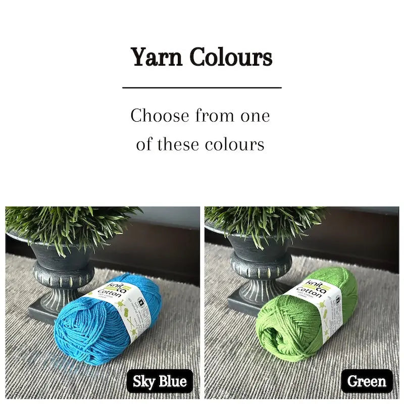 Colour options for your DIY crochet kit include green, and sky blue