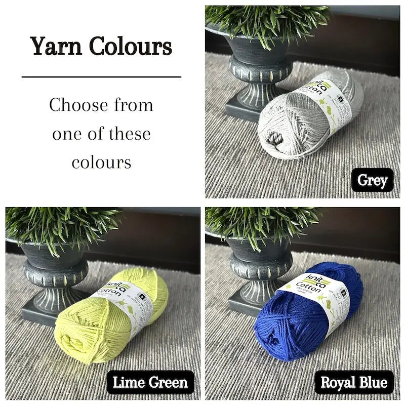 Colour options for your DIY crochet kit include grey, lime green, and royal blue