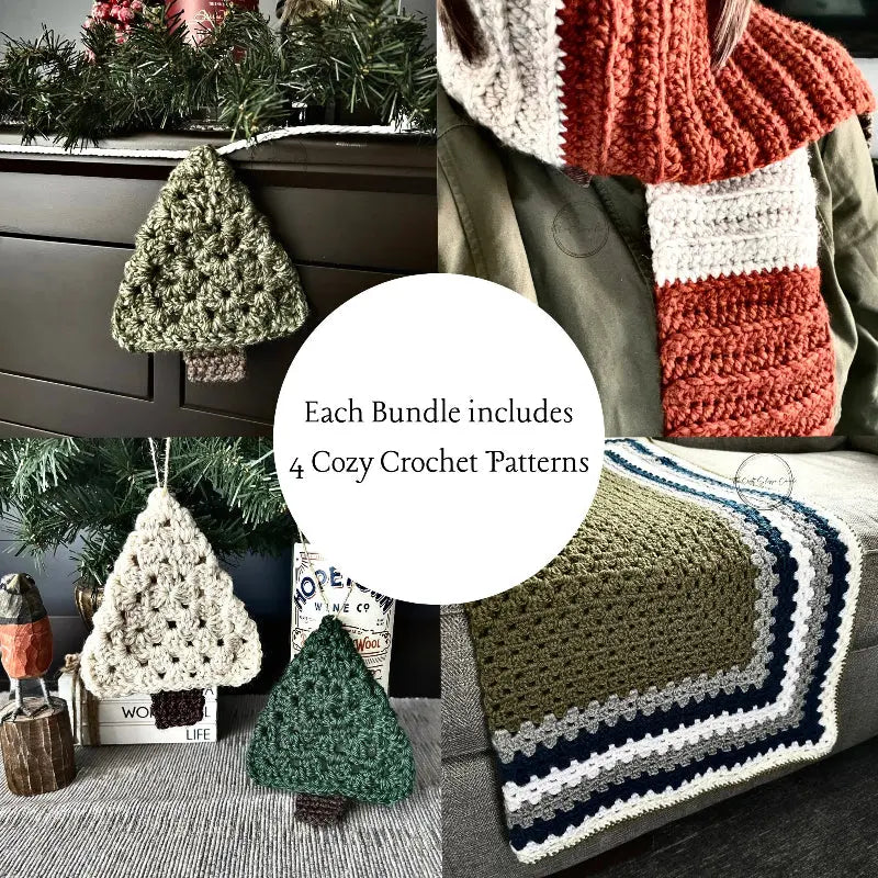 A DIY Crochet Pattern bundle including patterns for a fall scarf, Christmas ornaments, Christmas garland and a lap blanket.