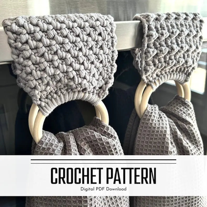 A digital PDF crochet pattern for a tea towel holder. The towel holders are hung over a handle on the stove.