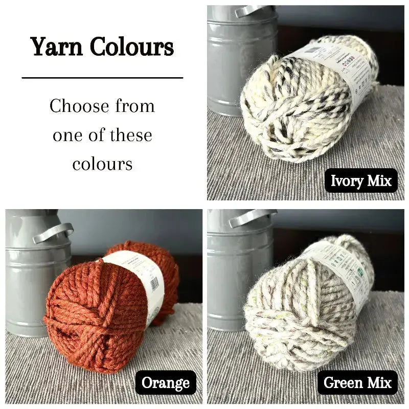 Colour options for your DIY crochet kit include orange, green mix, and an ivory mix.