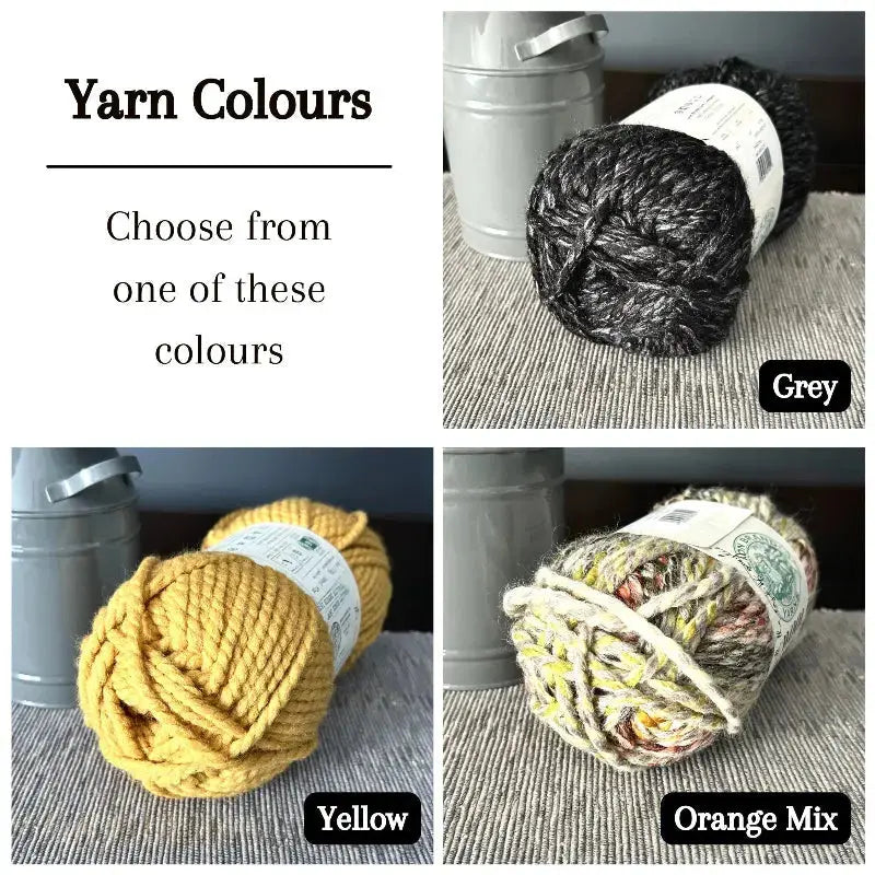 Colour options for your DIY crochet kit include yellow, grey, and an orange mix.