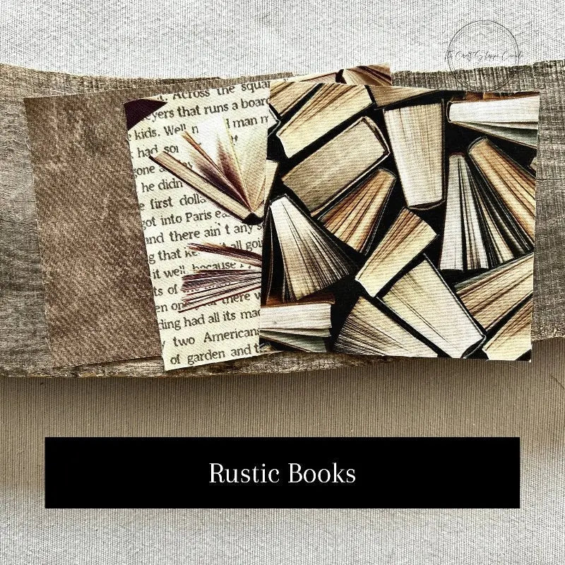 Fabric options for this sewing kit featuring a book pattern with brown and ivory colours.