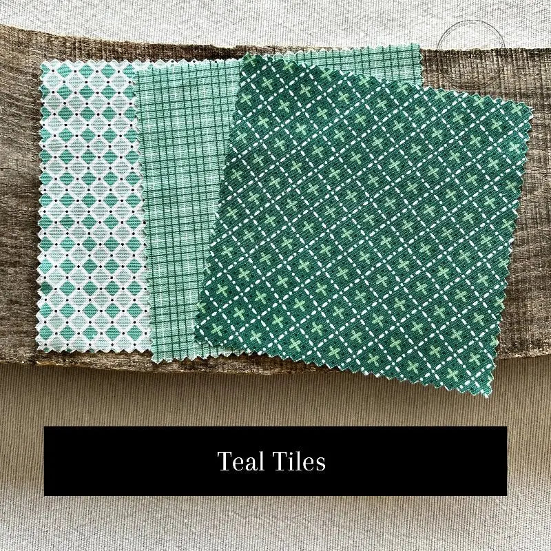 Fabric options for this sewing kit featuring teal and white colours.