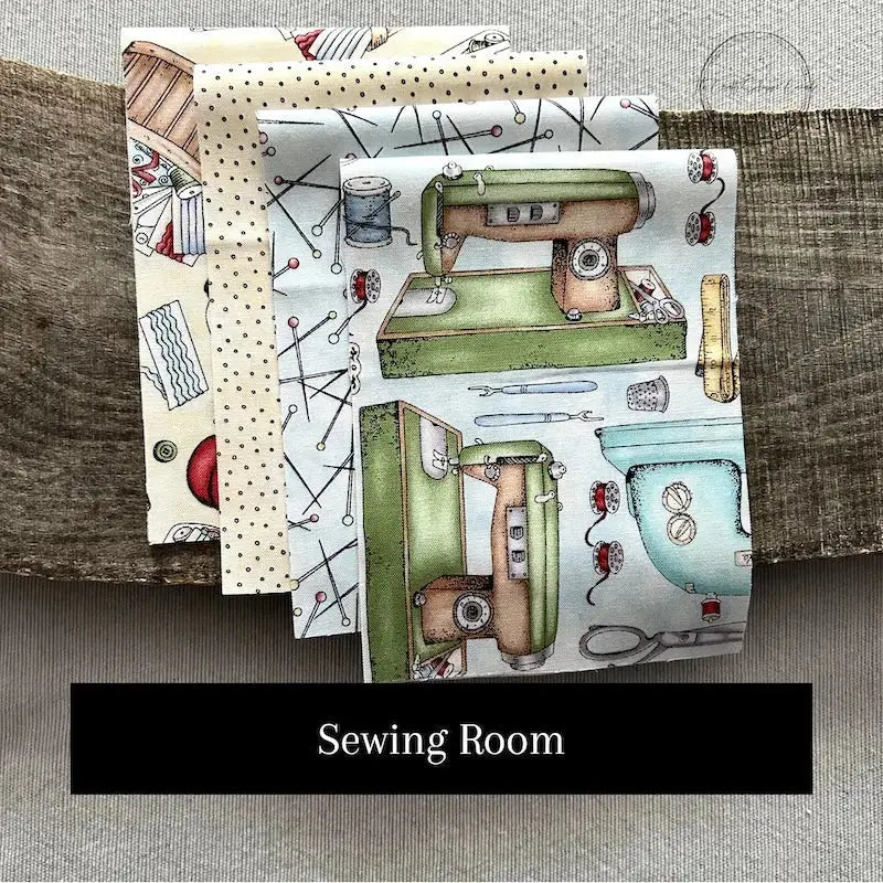 Fabric options for this sewing kit featuring a sewing themed pattern.