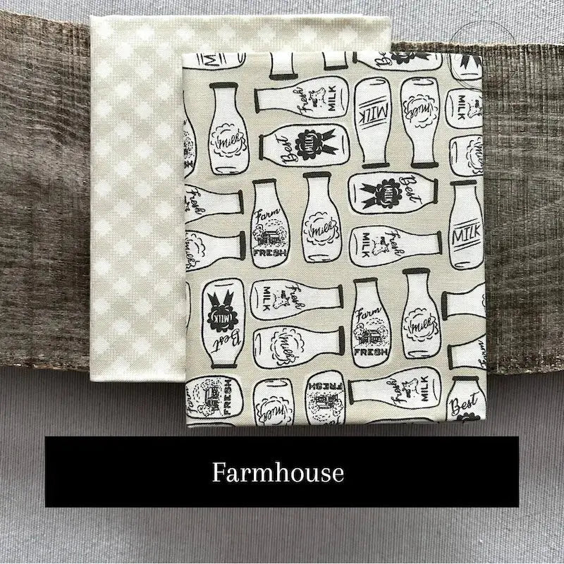Fabric options for this sewing kit featuring a farmhouse themed pattern.