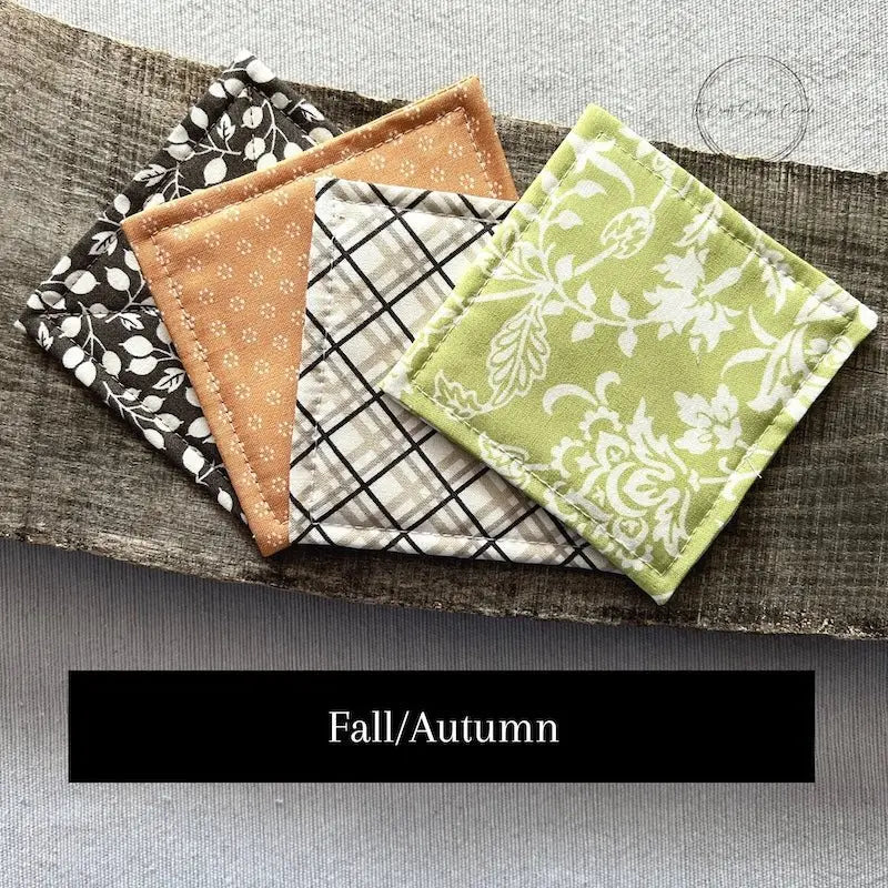 Fabric options for this sewing kit featuring a fall autumn pattern of brown and orange colours.