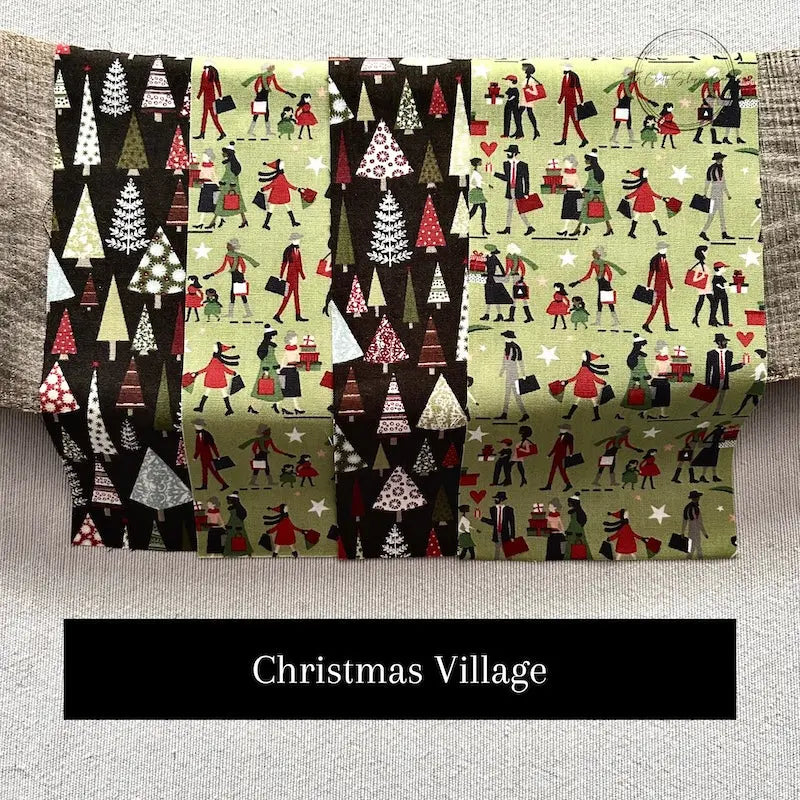 Fabric options for this sewing kit featuring a Christmas pattern of dark brown and green colours.