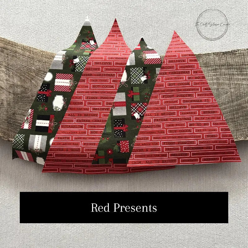 Fabric options for this sewing kit features a Christmas present fabric of green and red.
