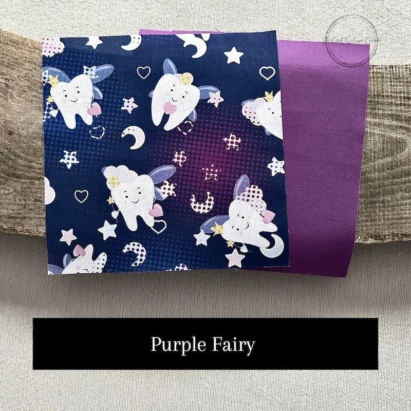 Fabric options for this sewing kit featuring purple and dark blue colours.