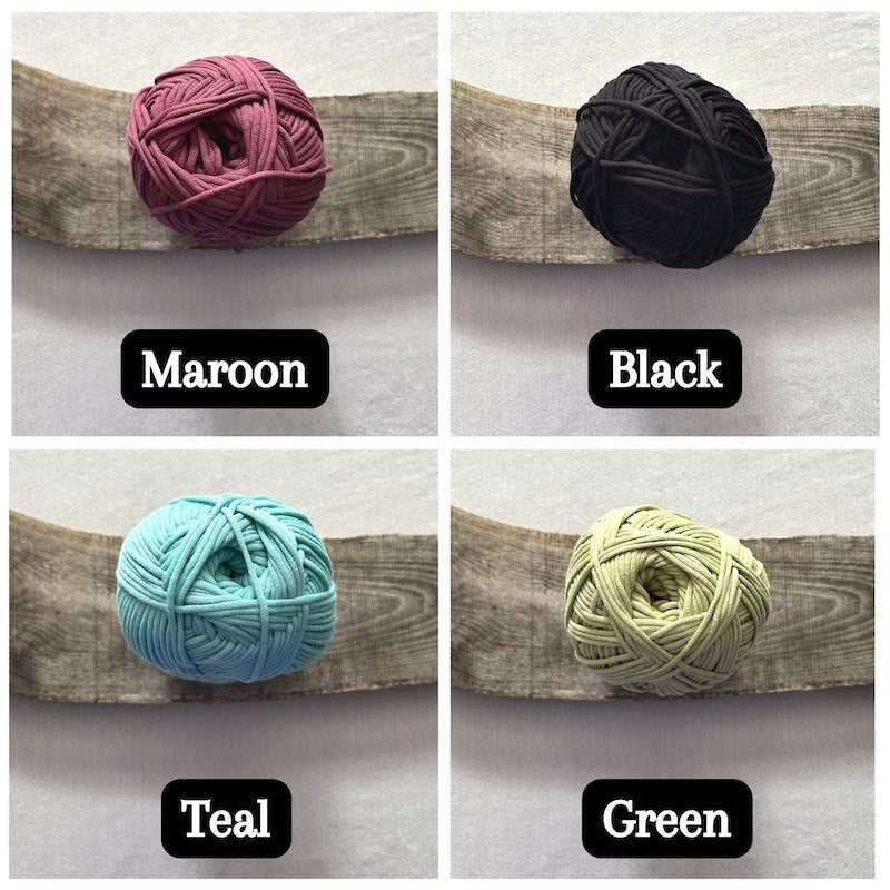 Colour options for your DIY crochet kit include maroon, black, green and teal - The Craft Shoppe Canada