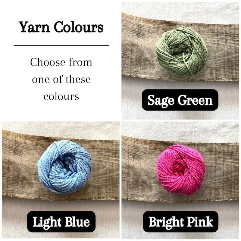 Colour options for your DIY crochet kit include green, light blue and bright pink - The Craft Shoppe Canada