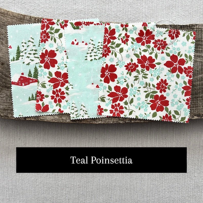 Fabric options for this DIY sewing kit featuring a Christmas pattern of red and light blue colours - The Craft Shoppe Canada