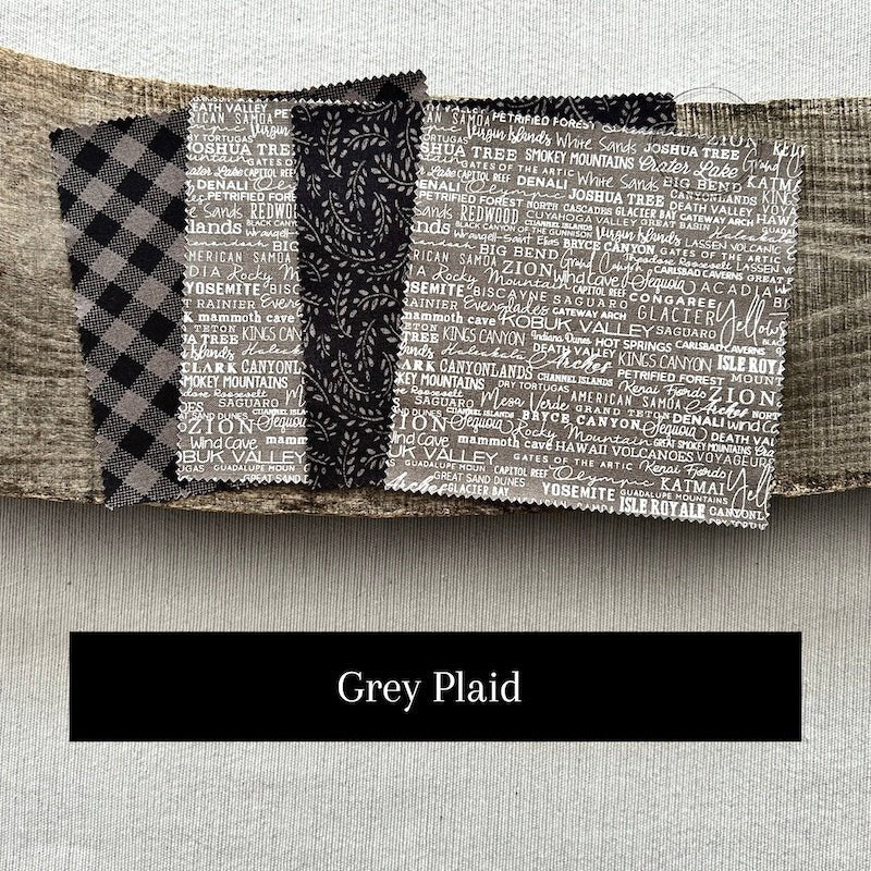 Fabric options for this DIY sewing kit featuring a plaid floral pattern of black and grey colours - The Craft Shoppe Canada