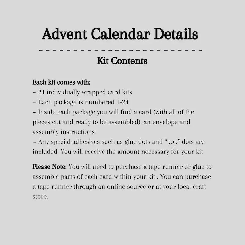 A detailed list of what is included in your Advent Calendar, card making kit.