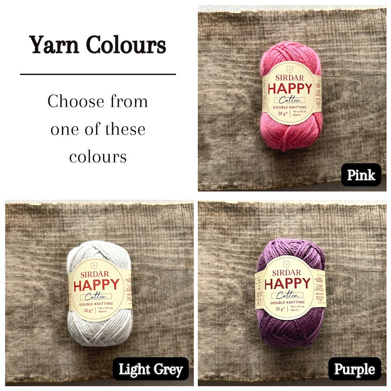Colour options for your DIY crochet kit include pink, purple, and light grey.