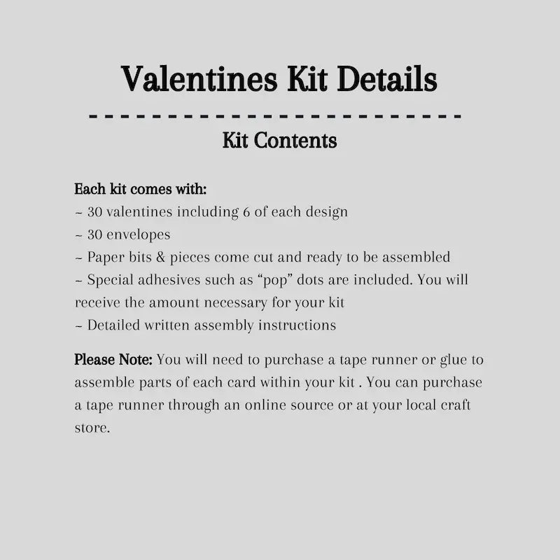 A detailed list of what is included in your Valentines card making kit.