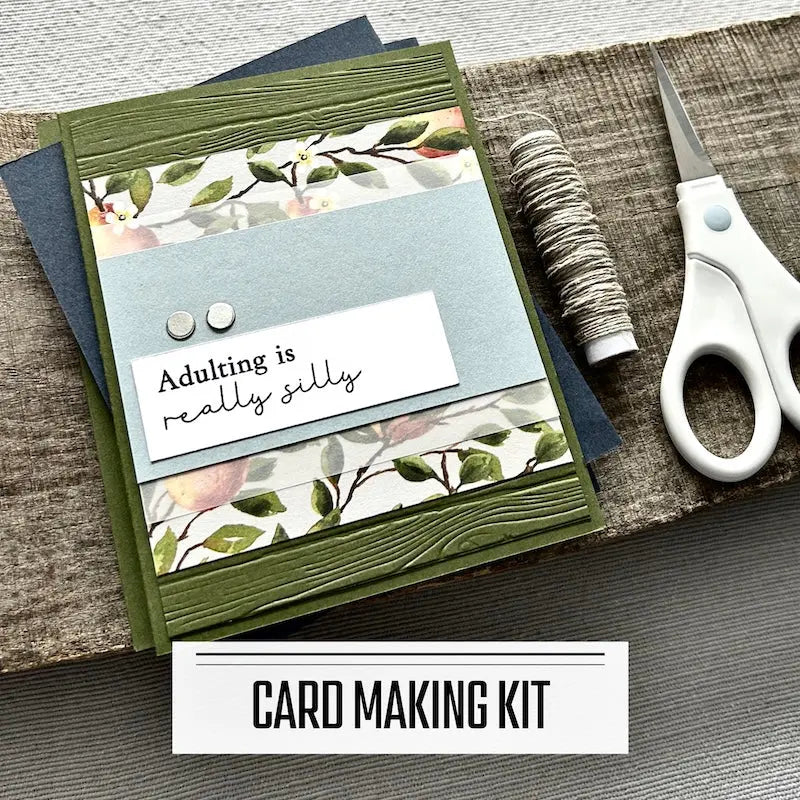 A DIY card making kit for cards with sarcastic and funny sentiments. A finished card is sitting on blank cards with a roll of twine and scissors.