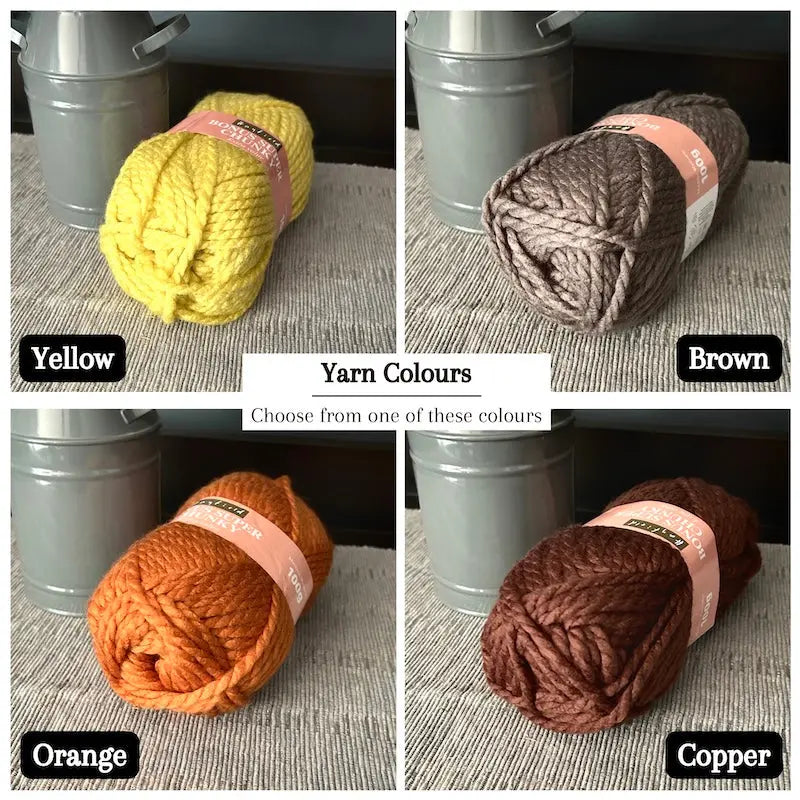 Colour options for your DIY crochet kit include yellow, copper, orange and brown.
