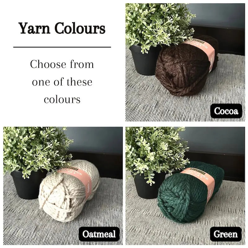 Colour options for your DIY crochet kit include green, oatmeal, and cocoa