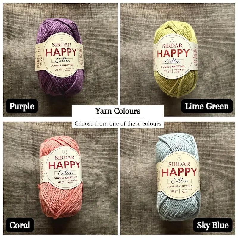 Colour options for your DIY crochet kit include purple, lime green, coral and sky blue.