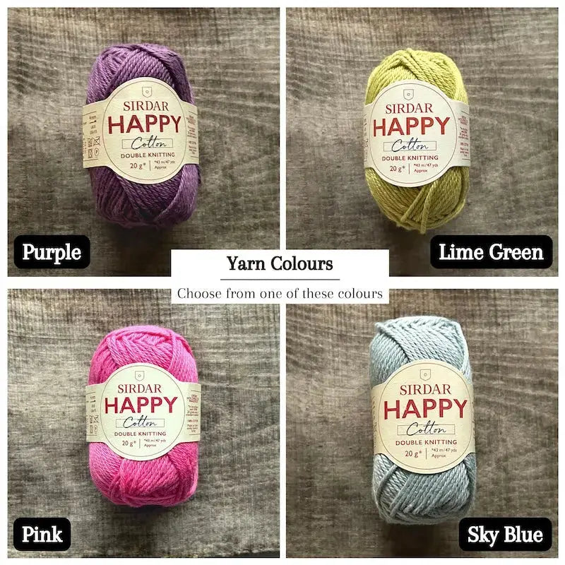 Colour options for your DIY crochet kit include purple, lime green, pink and sky blue.