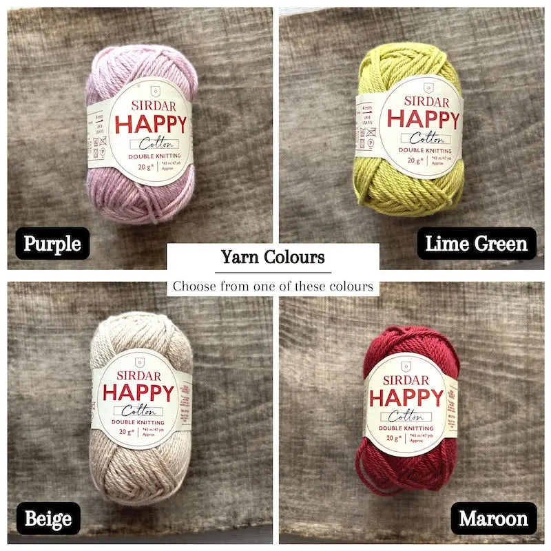 Colour options for your DIY crochet kit include purple, lime green, beige and maroon.