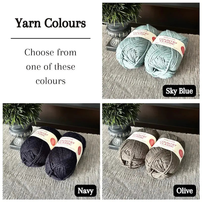 Colour options for your DIY crochet kit include sky blue, navy, and olive.