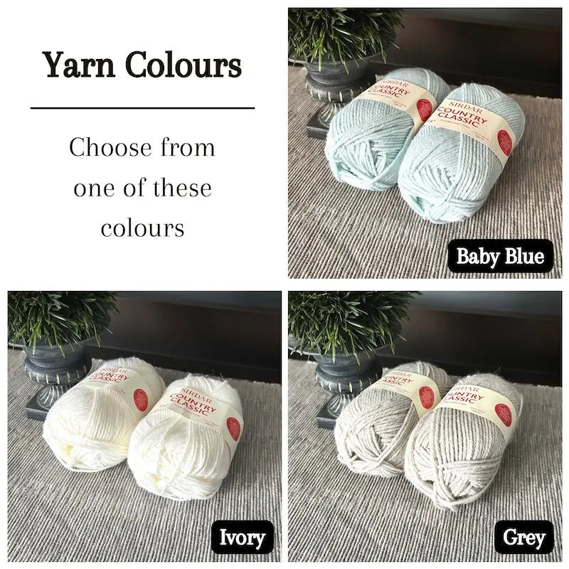 Colour options for your DIY crochet kit include baby blue, ivory, and grey.