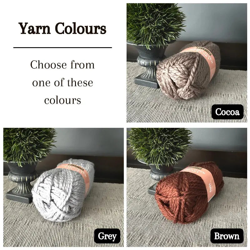 Colour options for your DIY crochet kit include brown, cocoa, and grey.